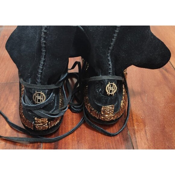 House of Harlow 1960 Beaded Suede Lace-Up Moccasin Boots Black Gold Boho Festiva - Picture 11 of 16